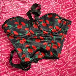 Dolls Kill Black and Red Floral Bustier